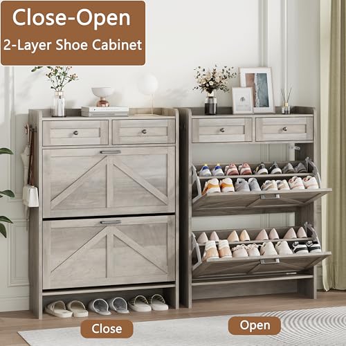 Shoe Cabinet with 2 Flip Drawers & 2 Top Drawers, 43" Tall Freestanding Narrow Wooden Shoe Storage Organizer for Entryway, Hidden Slim Shoe Rack for Front Door Entrance, Hallway, Living Room, Grey - color: Grey, size: 2 Flip Drawers