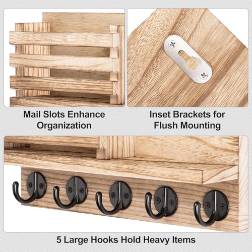 Lwenki Key Holder for Wall – Decorative Wooden Mail Holder and Key Shelf with Mounting Hardware, Installation Guide – Paulownia Wood with Metal Key Hooks (Wood, Large - 11.8inch) - color: Wood, size: Large - 11.8inch