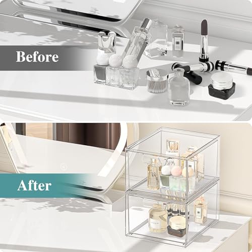 SpaceHacks 4 Pack Stackable Makeup Organizer and Storage, Acrylic Organizers，Clear Plastic Storage Drawer with Handles for Vanity, Undersink, Kitchen Cabinets, Pantry - color: Clear, size: 4 Pack