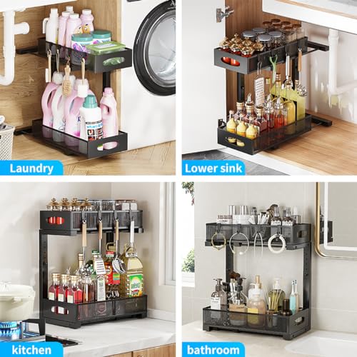 2 Pack Under Sink Pull Out Organizer, 2-Tier Adjustable Height Carbon Steel Storage Rack for Kitchen and Bathroom Cabinet, Black - color: Black