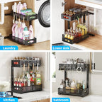 2 Pack Under Sink Pull Out Organizer, 2-Tier Adjustable Height Carbon Steel Storage Rack for Kitchen and Bathroom Cabinet, Black - color: Black