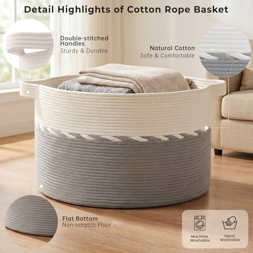 OIAHOMY 90L Blanket Basket for Living Room, Large Basket 23" x 23" x 13" with Handle, Laundry Hamper for Blankets, Pillows, Toy Storage for Kids, Dogs - Grey & White - color: Grey & White, size: 23" x 23" x 13"