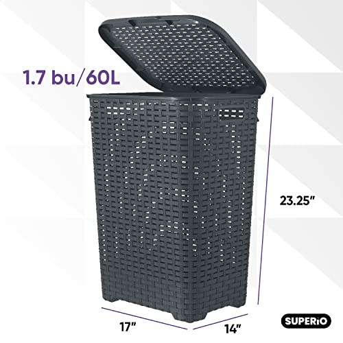 Plastic Laundry Hamper with Lid Laundry Hamper Basket, Grey Tall Cloths Hamper Organizer with Cut-out Handles. Space Saving for Laundry Room Bedroom Bathroom, Wicker Design 60 Liter - color: Grey, size: 1-pack