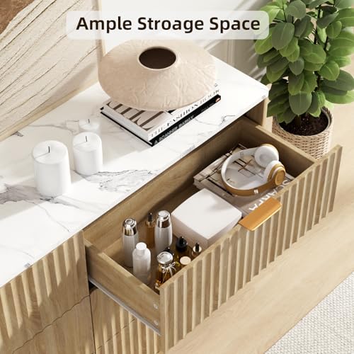 VOWNER Fluted 6 Drawers Dresser for Bedroom, 54" Wide Modern Chest of Drawers with Metal Handle, Closet Clothes Storage Organizer, Wood Dresser TV Stand for Living Room, Closet, Hallway, Entryway - color: Oak & Marble