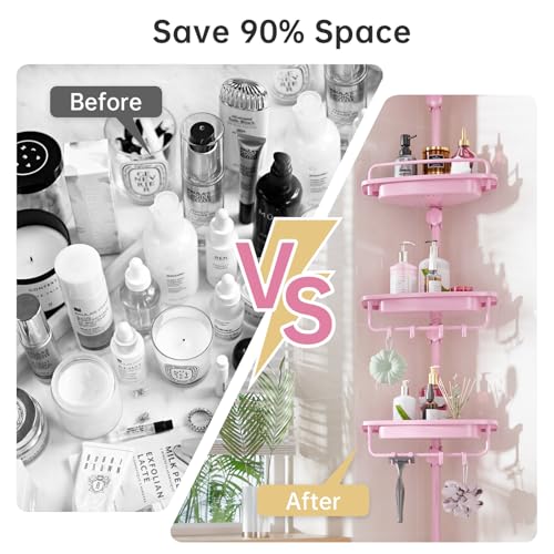 Sturdy Pink Corner Shower Caddy - 4 Tier Adjustable Organizer, Rustproof Stainless Steel, 32-122 Inch - color: Pink