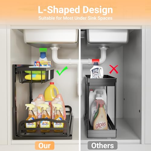 AceMining Under Sink Organizer 2 Pack, L-Shaped 2 Tier Pull Out Cabinet Organizer with Sliding Drawer, 5-Level Height Adjustable Metal Under Sink Storage for Kitchen, Bathroom Organization