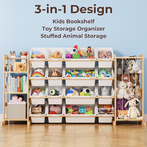 Toy Storage Organizer with Bookshelf and Stuffed Animal Storage - Playroom Organization with Shelves and 12 Bins - Living Room Box for Lego - Bedroom Decor Essentials - color: White, size: 67"W,3 Shelves,16 Bins