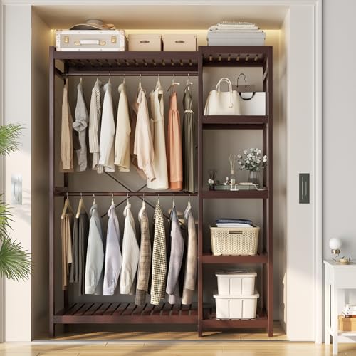 Homykic Bamboo Closet System, Heavy Duty Clothing Rack for Hanging Clothes, Freestanding Clothes Rack with 7 Adjustable Shelves & Rods, 4 Hooks, Open Wardrobe Closet Organizer Garment Rack, Espresso - color: Espresso, size: 1-Pack