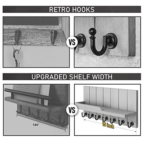 Rebee Vision Decorative Key and Mail Holder for Wall - Farmhouse 15 Inches Floating Shelf with 7 Sturdy Key Hooks for Home Entryway Wall Decor - Rustic Key Racks (Gray,15-inch) - color: Gray, size: 15-inch