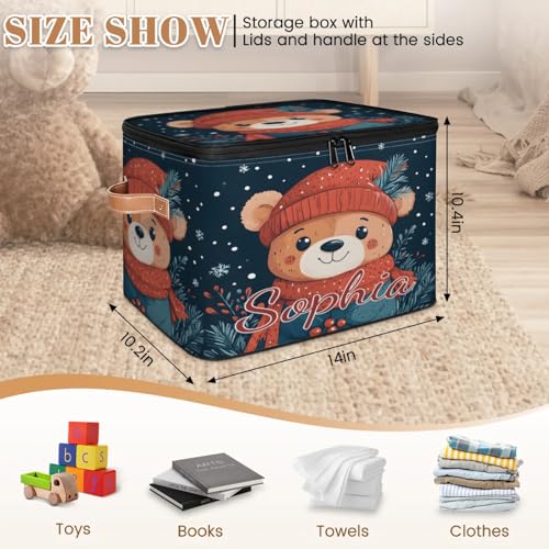 Custom Storage Basket with Name, Personalized Storage Bins with Zipper Lid, Foldable Fabric Storage Box Large capacity with Handle Red Hat Scarf Bear - color: Option 14