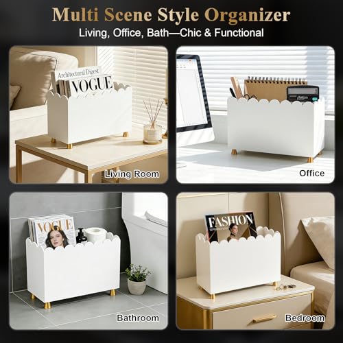 Acrylic Magazine Holder, Magazine Rack Floor,Sleek White Stylish Organizer with Luxe Gold Metal Feet and Wave Edge Design Space Saving Storage for Books Newspapers Office Supplies,Home Office(White) - color: White