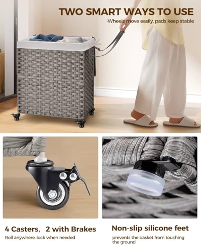 Greenstell Laundry Hamper with Wheels, No Install Needed, 110L Divided Handwoven Hampers & 2 Removable Liner Bags, Rattan Clothes Laundry Basket with Lid & Handles, Foldable Hampers Gray 22x13x26.4 In - color: Gray, size: 110L: 22.0x13.5x26.4 Inches