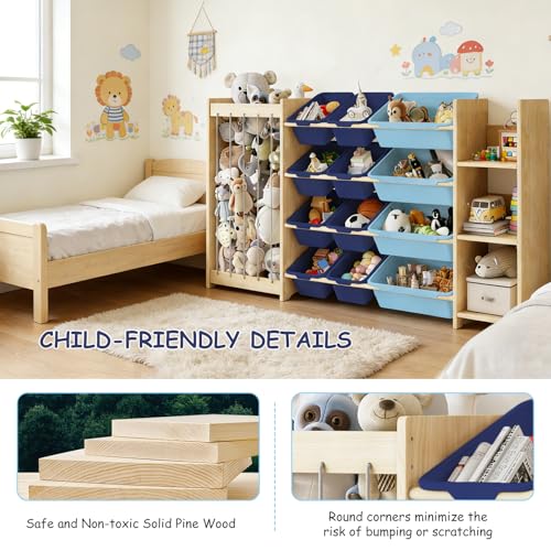 EXPERLAM 3-in-1 Toy Storage Organizer, Stuffed Animal Holder & 3-Tier Bookcase, Solid Wood Toy Organizer with 12 Storage Bins, Space-Saving Toy & Book Shelf for Kids Rooms, Bedroom, Playroom, Blue - color: Blue