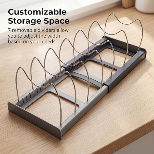 OMIO Expandable Pot Lid Organizer Rack for Under Cabinet, Adjustable 12"-22" Kitchen Storage with 7 Steel Dividers, Scratch-Resistant ABS Base for Pans, Cutting Boards, Bakeware, Grey - color: Deep Grey & Light Gray