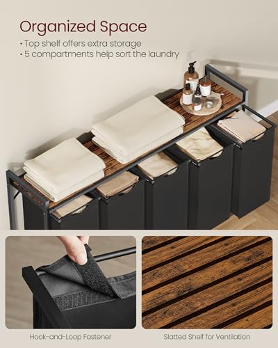 VASAGLE Laundry Hamper, Laundry Basket, Laundry Sorter with 5 Pull-Out and Removable Bags, Shelf, Metal Frame, 5 x 10.6 Gallons (40 L), 56.5 x 13 x 28.4 Inches, Ink Black and Rustic Brown UBLH501B01 - color: Black + Rustic Brown, size: 5 Bags - 200 L