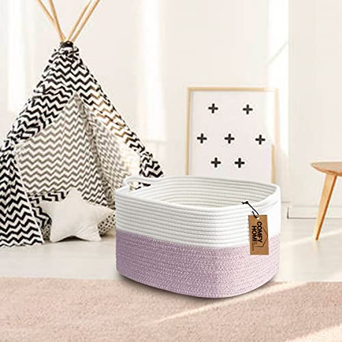 COMFY-HOMI Cotton Rope Woven Medium Basket with Handles for shelf，Cloth Storage Basket for Organizing-13.5X11X9.5 Storage Bin for Bedroom, Newborn or Infant Gift for boy girl （White/Pink） - color: white/pink, size: 13.5"X11"X9.5"