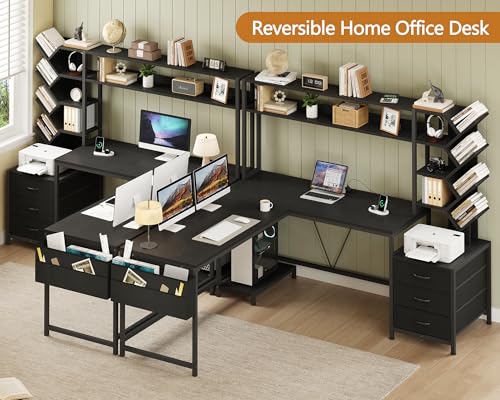 YOMILUVE L Shaped Desk with Hutch, Reversible Computer Desk with Drawers and Bookshelf, Home Office Desks with Storage Shelves for Bedroom Home Office, Black - color: Black