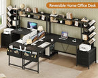 YOMILUVE L Shaped Desk with Hutch, Reversible Computer Desk with Drawers and Bookshelf, Home Office Desks with Storage Shelves for Bedroom Home Office, Black - color: Black