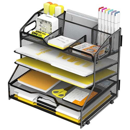 YINGHUA 5 Tier Paper Tray Letter Organizer with Top 6 Adjustable Compartments - Paper Sorter Office Desktop Accessories with Handles for Document,Mail,School Supplies Storage,Black - color: 5 Tier-black