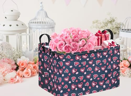 Rec Heart Print Box Hamper Storage Basket Collapsible Organizer Bin Gift Shelf Baskets for Home and Kitchen Storage - color: Black flower love