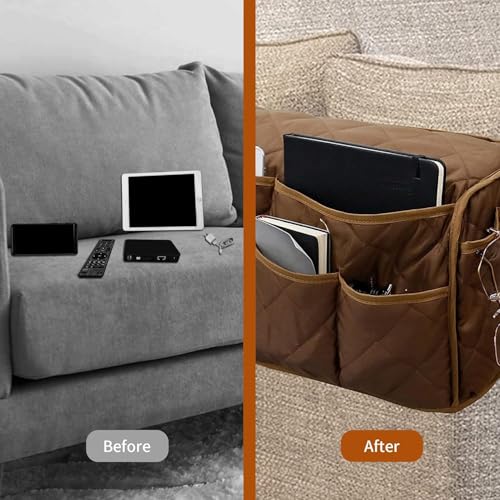 MEHIDFY Armchair Caddy Remote Control Holder for Couch Recliner Armrest Organizer Non Slip Couch Arm Covers for Sofa with 14 Pockets Storage for Magazine, Tablet, Phone, iPad (Brown 2pcs) - color: Brown 2pcs