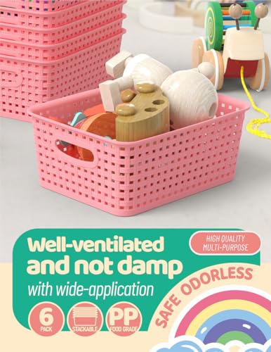 WYT 6-Pack Plastic Small Shelf Storage Weave Baskets Organizing for Cabinets and Pantries, Pink - color: Pink, size: 6-Pack