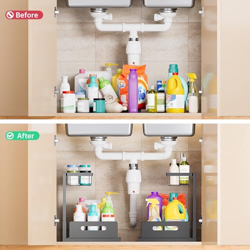 VUSIGN Under Kitchen Sink Organizer 2 Tier, Pull Out Under Sink Organizers and Storage, Bathroom Cabinet Kitchen Organization Storage Shelf, 1 Pack Black - color: Black, size: 1 Pack