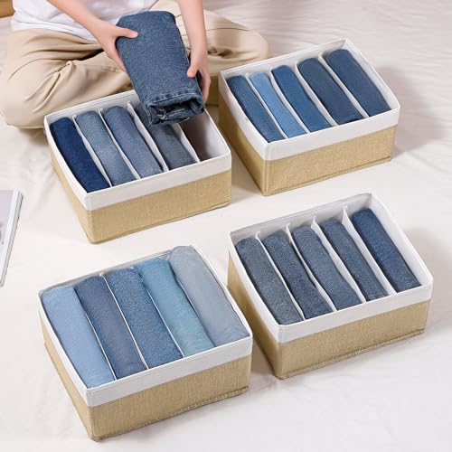 Jeans Drawer Organizers for Clothing,5 Grids Compartment Wardrobe clothes organizer,Fabric Washable Closet Organizers and Storage Bins for Jeans,Pants,Bra,Legging,t-shirt-BeigeWhite - color: BeigeWhite