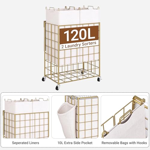 Laundry Basket with Wheels, Heavy Duty Laundry Sorter 2 Sections, 120L (32Gal.) Large Capacity Laundry Hamper with Wood Lid, 360 Rolling Wheels, Extra Side Pocket, Leather Pull Handle, Golden - color: Golden, size: 120L
