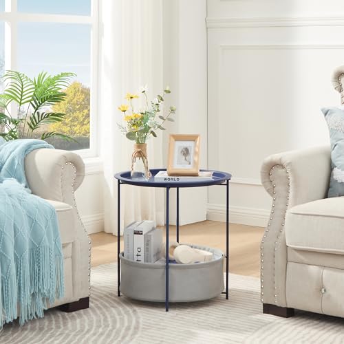 VECELO Round Side/End Table with Fabric Storage Basket，Metal Anti-Rust and Waterproof Small Bedside Nightstand with Removable Tray Top for Living Room，Balcony & Laundry，Blue /1pcs with Basket - color: Blue, size: 1 PCS with Basket