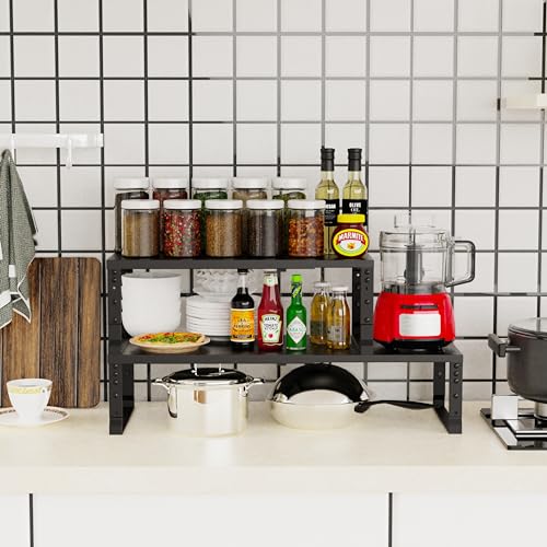 Jojocross Expandable Stackable Spice Rack Organizer for Kitchen Cabinet,Adjustable Counter Shelf, countertop, Pantry,Cupboard,Bathroom,Bedroom(1Pack/Black/Medium) - color: 1 Pack/Black, size: MEDIUM:7.9"D x 16.7~26.6"W x 6.1"/7.5"H