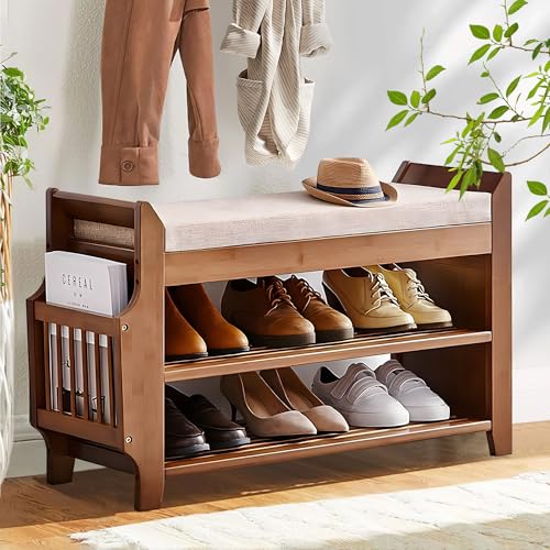PETKABOO 2 Tier Shoe Bench, Bamboo Shoe Rack Bench, Shoe Storage Bench Organizer for Entryway Hallway Living Room - size: 31.5 in