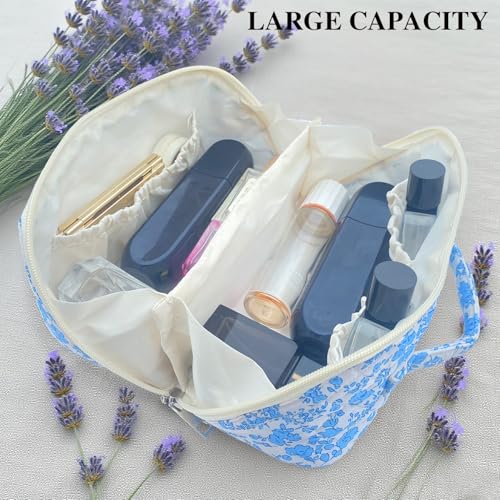 Blue Large Quilted Floral Makeup Bag Cute Coquette Aesthetic Cosmetic Bag Open Flat Travel Toiletry Make up Bag for Women - color: C-lay flat blue