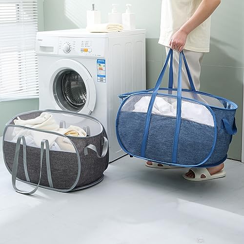 MOOMASS Pop-Up Laundry Basket，collapsible Mesh Laundry Hamper– With Extended Shoulder Straps, Sturdy Handles, and Premium Cationic Fabric (blue)… - color: blue
