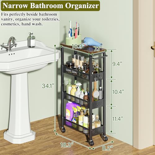 OKZEST Utility Slim Storage Cart, 4 Tier Small Rolling Kitchen Laundry Room Cart with Wood Top, Metal Narrow Bathroom Storage Cabinet Mobile Shelf Unit Organizer Trolley with Handle for Narrow Space - color: Black, size: 7.1 inch wide