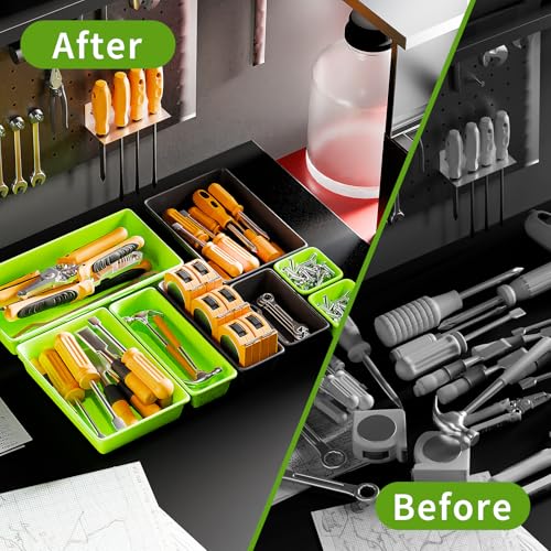 [5 Sizes] [69 PCS] Tool Drawer Organizer, Tool Box Tray, Desk Drawer Tray, Rolling Tool Chest, Toolbox (Black+Green) - color: Black+Green
