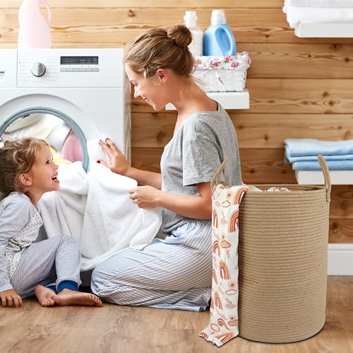 XUANGUO Cotton Rope Laundry Basket Hamper for Clothes Woven Storage Basket for Living Room Bedroom Boho Tall Rope Baskets for Blanket Toys Pillow Towels Baby Nursery Hamper Bin Large jute - color: jute, size: Large