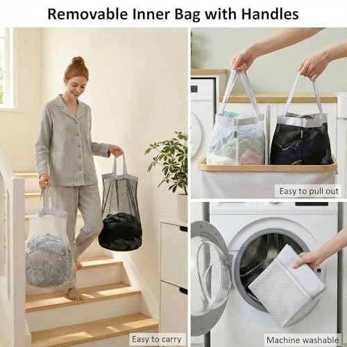 efluky Laundry Hamper with Lid, Double Laundry Hamper with 2 Removable Bags, 2 Section Laundry Basket with Bamboo Handles for Bathroom, Bedroom & Laundry Room, 140L (36.9 Gallon) Light Grey - color: Light Grey, size: 140L Dual