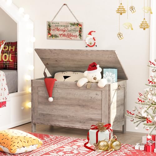 HOOBRO Toy Box, Retro Wooden Look Storage Chest with Safety Hinge, Entryway Storage Bench Supports 220 lb, 29.9 x 15.7 x 18.9 Inches Toy Chest Organizer, Easy Assembly (Greige) BG75CW01G1 - color: Greige, size: 29.9x15.7x18.9 Inch