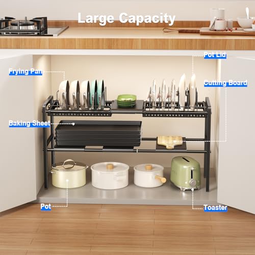 Mustorn Pots and Pans Organizer Under Cabinet, Expandable 2 Tier Under Sink Organizers and Storage Adjustable Height Kitchen Pot and Pan Lid Holder Rack with 12 Dividers Under Cabinet Shelf(Black) - size: 4panels &2 pot rack-2 Tier