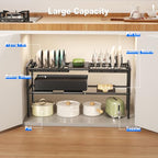 Mustorn Pots and Pans Organizer Under Cabinet, Expandable 2 Tier Under Sink Organizers and Storage Adjustable Height Kitchen Pot and Pan Lid Holder Rack with 12 Dividers Under Cabinet Shelf(Black) - size: 4panels &2 pot rack-2 Tier