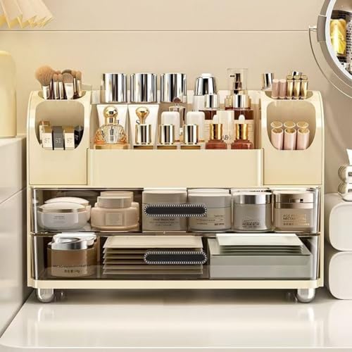 Makeup Organizer with Drawers for Vanity,Bathroom Countertop Organizer with Brushes Holder,Skincare Storage Organizer,Perfect Cosmetic Display Case for Skincare,Lipstick and Beauty Essential (Cream) - color: Cream
