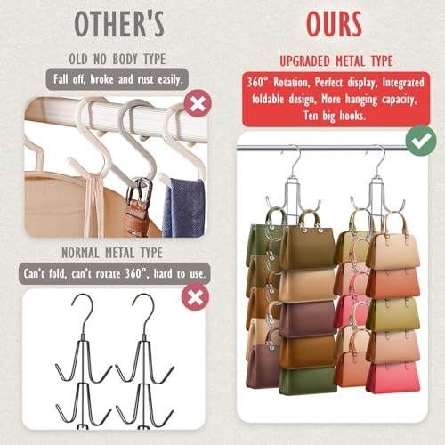 2 Pack Purse Organizer for Closet, Upgraded Purse Hangers with 20 Big Hooks, 360 Degree Rotation for Better Organizer and Display, Collapsible Space Saving Hangers Rack for Handbag, Tie, Silver - color: Silver, size: 2
