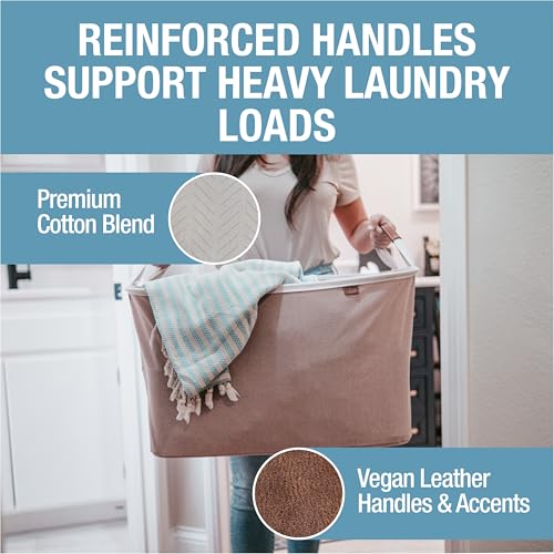 CleverMade Collapsible Laundry Basket LUXE 2 Pack – 60 L (16 Gal) Foldable Cotton Blend Clothes Hamper with Vegan Leather Accents, Reinforced Handles, Space Saving Laundry Bin Holds 55 lbs - Cream - color: Cream Herringbone