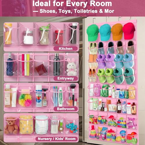Over the Door Shoe Organizer with 40 Clear PVC Pockets – Waterproof Hanging Shoe Holder for Closet & Bathroom – Space-Saving Door Shoe Rack for Shoes, Toys, Toiletries & Snacks(Pink) - color: Pink
