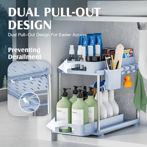 VERIFOST Under Sink Organizer (2 Pack), 2 Tier Under Sink Organizer, Adjustable Height Cabinet Organizer and Storage, in Blue - color: Blue