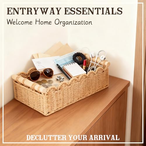 Upgraded Paper Rope Scalloped Edge Toilet Paper Storage Basket, Small Living Room, Bedroom Decor Baskets for Over Toilet Storage Shelf, End Table, Shelves and More, with 2 Wooden Handle (Neutral) - color: Neutral