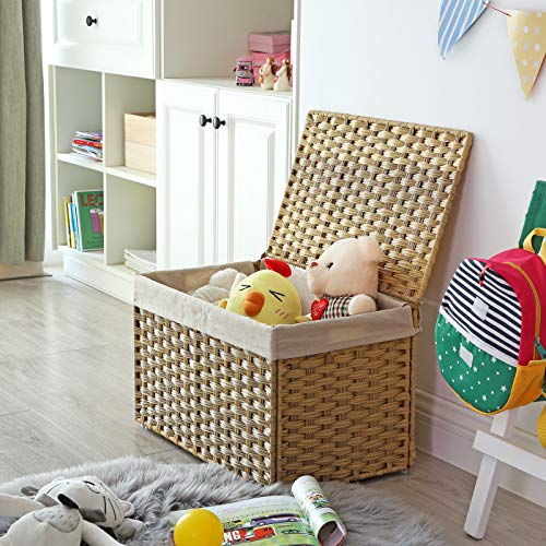 SONGMICS Storage Basket with Lid, Woven Blanket Storage Bin with Handles, Foldable, Removable Liner, Metal Frame, for Bedroom, Laundry Room, 17.2 Gallons (65 L), Natural URST56NL - color: Natural, size: 65 L