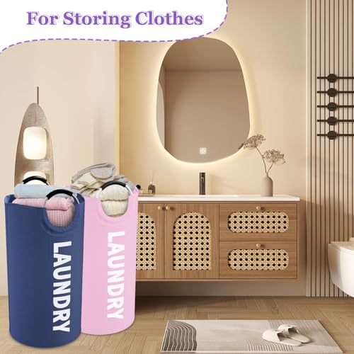 2Pcs Folding Laundry Basket for Adult, 95L Portable Laundry Baskets with Aluminum Handles, Multi-functional Dirty Clothes Hampers for Bedroom, Travel, Navy Blue + Pink - color: Navy Blue + Pink, size: L-95L