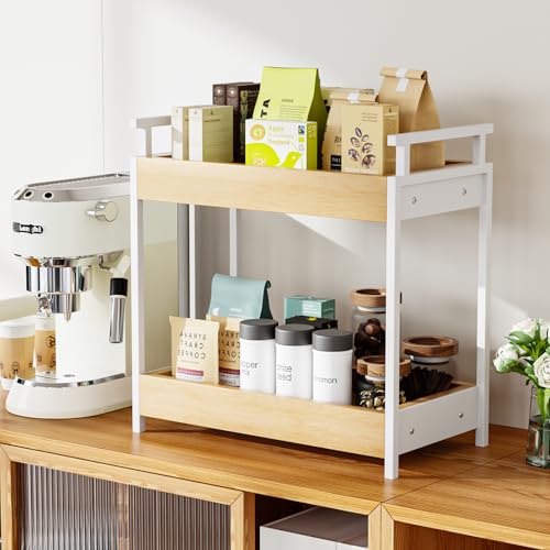 KLM Countertop Coffee Station Organizer, 2 Tier Wooden Shelf for Coffee Bar Accessories, Condiment Storage Caddy for Kitchen, Bathroom Counter Organizer, Home, Office - Natural - color: Natural